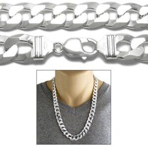 STERLING SILVER CUBAN CURB FLAT CHAIN NECKLACE 14MM (GAUGE 350).